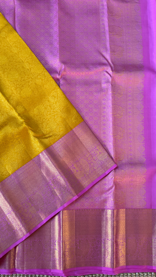 Pure Kanchivaram Silk Saree – Pure Kanchivaram Silk Saree – Exquisite Yellow with Pink Zari Border - Fully Brocade Weaving