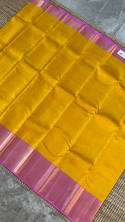 Pure Kanchivaram Silk Saree – Pure Kanchivaram Silk Saree – Exquisite Yellow with Pink Zari Border - Fully Brocade Weaving