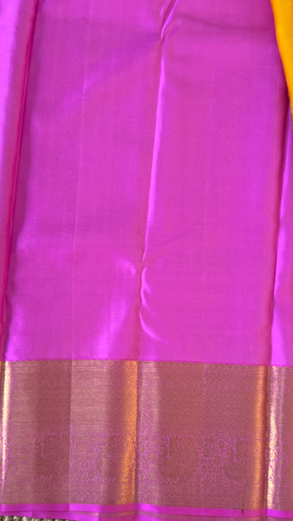 Pure Kanchivaram Silk Saree – Pure Kanchivaram Silk Saree – Exquisite Yellow with Pink Zari Border - Fully Brocade Weaving