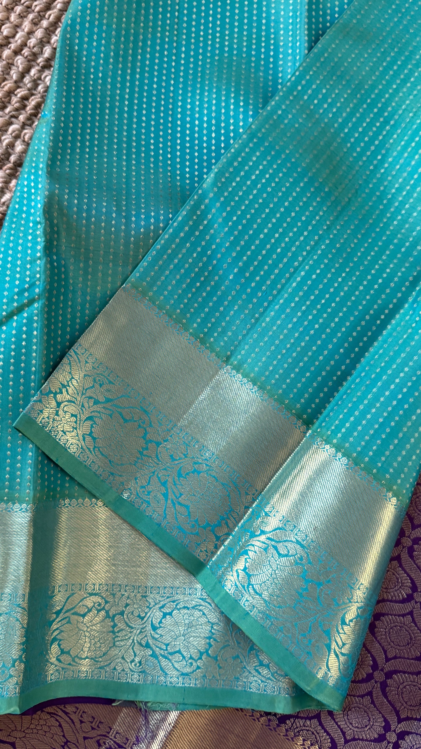 KANJIVARAM PURE SILK HANDLOOM SAREE – AQUAMARINE & PURPLE