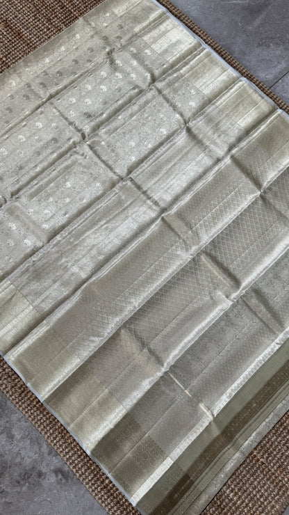 Tissue Kanchivaram Silk Saree – Half White Bridal Saree with Silver Zari Weaving