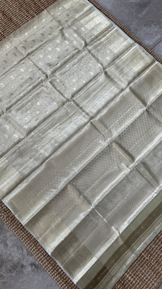 Tissue Kanchivaram Silk Saree – Half White Bridal Saree with Silver Zari Weaving