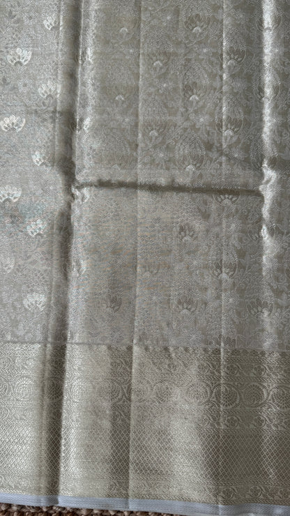 Tissue Kanchivaram Silk Saree – Half White Bridal Saree with Silver Zari Weaving