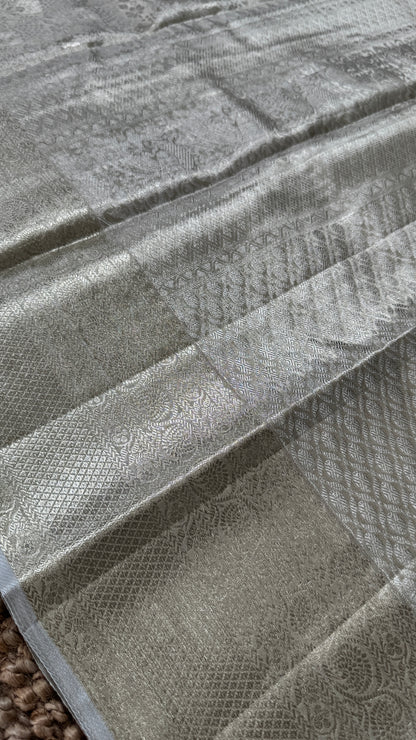 Tissue Kanchivaram Silk Saree – Half White Bridal Saree with Silver Zari Weaving