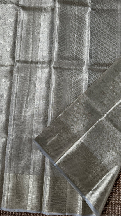 Tissue Kanchivaram Silk Saree – Half White Bridal Saree with Silver Zari Weaving