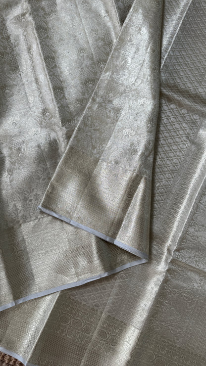 Tissue Kanchivaram Silk Saree – Half White Bridal Saree with Silver Zari Weaving