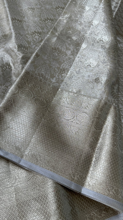 Tissue Kanchivaram Silk Saree – Half White Bridal Saree with Silver Zari Weaving