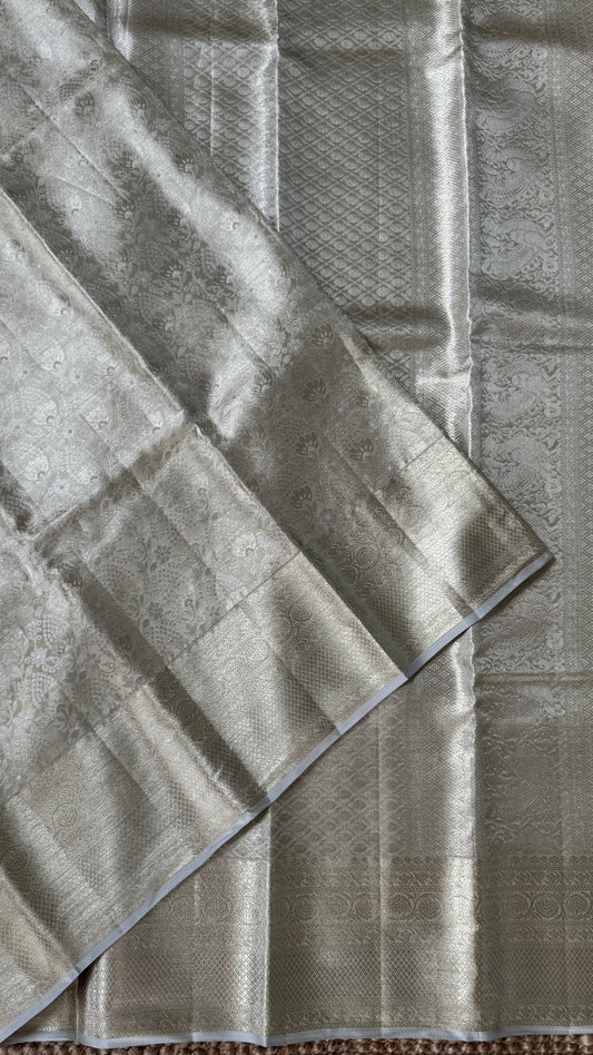 Tissue Kanchivaram Silk Saree – Half White Bridal Saree with Silver Zari Weaving