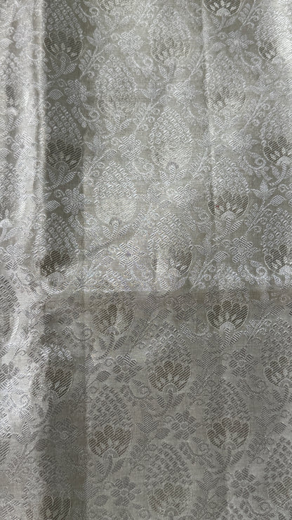 Tissue Kanchivaram Silk Saree – Half White Bridal Saree with Silver Zari Weaving