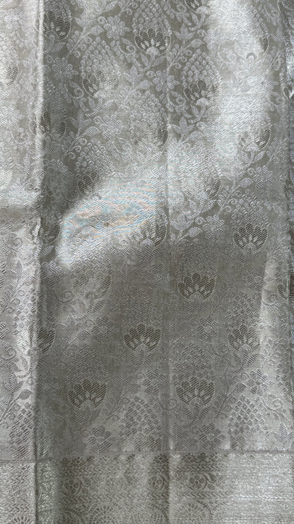 Tissue Kanchivaram Silk Saree – Half White Bridal Saree with Silver Zari Weaving