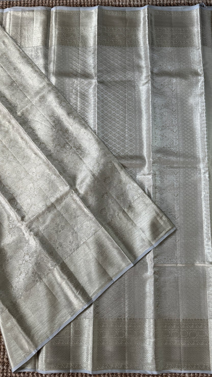 Tissue Kanchivaram Silk Saree – Half White Bridal Saree with Silver Zari Weaving