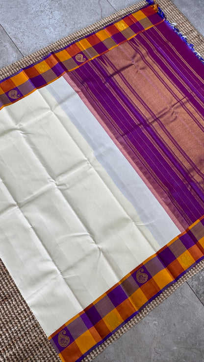 KANJIVARAM PURE SILK HANDLOOM SAREE – Half white with Multicolor Border