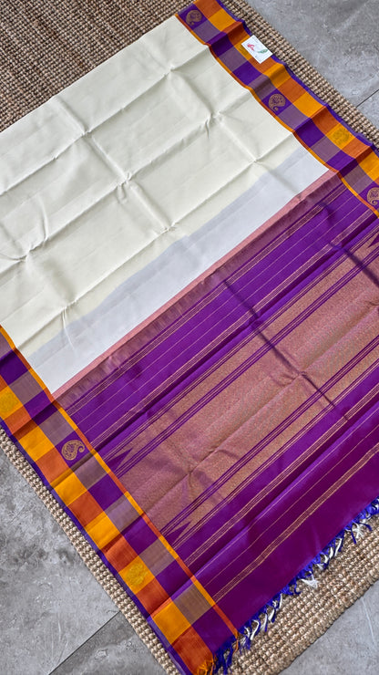 KANJIVARAM PURE SILK HANDLOOM SAREE – Half white with Multicolor Border