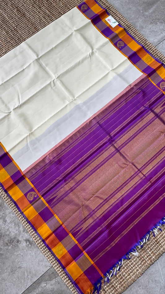 KANJIVARAM PURE SILK HANDLOOM SAREE – Half white with Multicolor Border