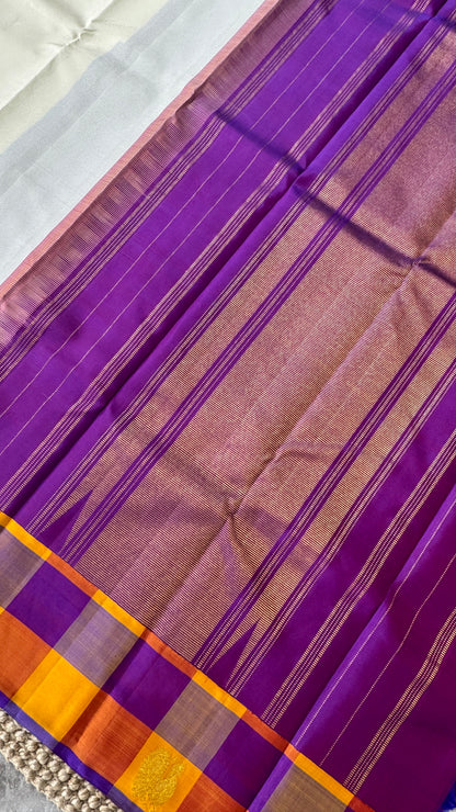 KANJIVARAM PURE SILK HANDLOOM SAREE – Half white with Multicolor Border
