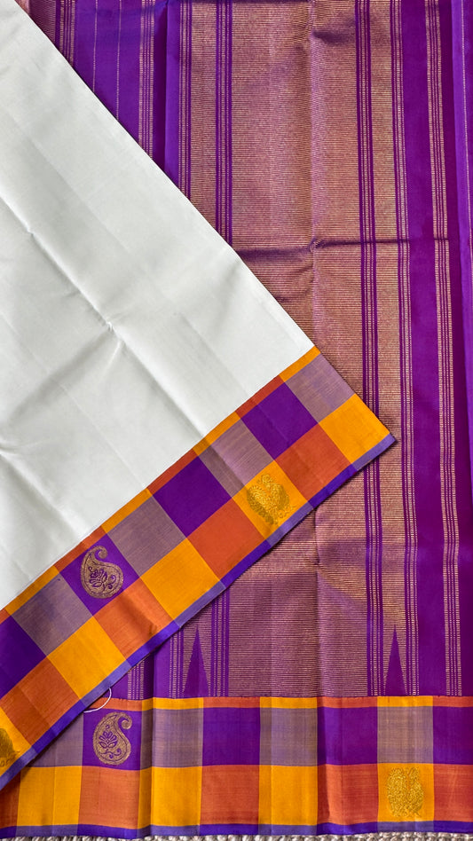 KANJIVARAM PURE SILK HANDLOOM SAREE – Half white with Multicolor Border