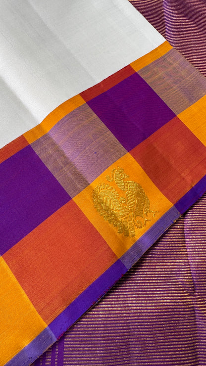 KANJIVARAM PURE SILK HANDLOOM SAREE – Half white with Multicolor Border