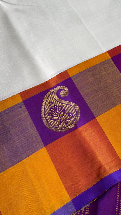 KANJIVARAM PURE SILK HANDLOOM SAREE – Half white with Multicolor Border
