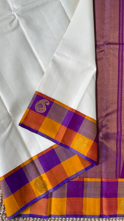 KANJIVARAM PURE SILK HANDLOOM SAREE – Half white with Multicolor Border