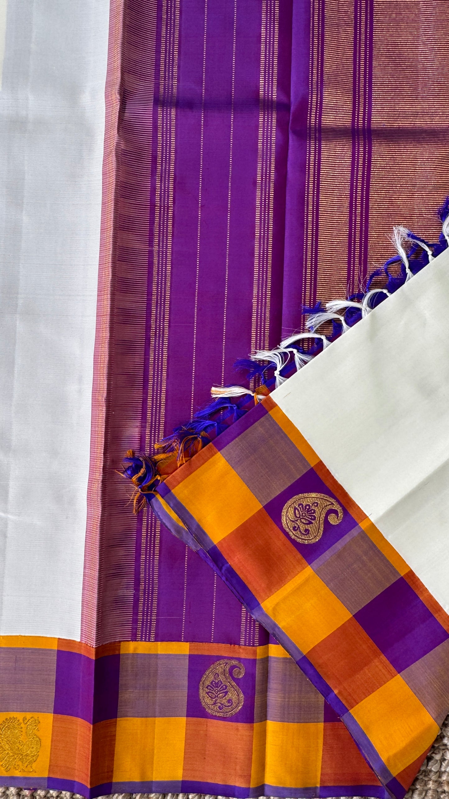 KANJIVARAM PURE SILK HANDLOOM SAREE – Half white with Multicolor Border