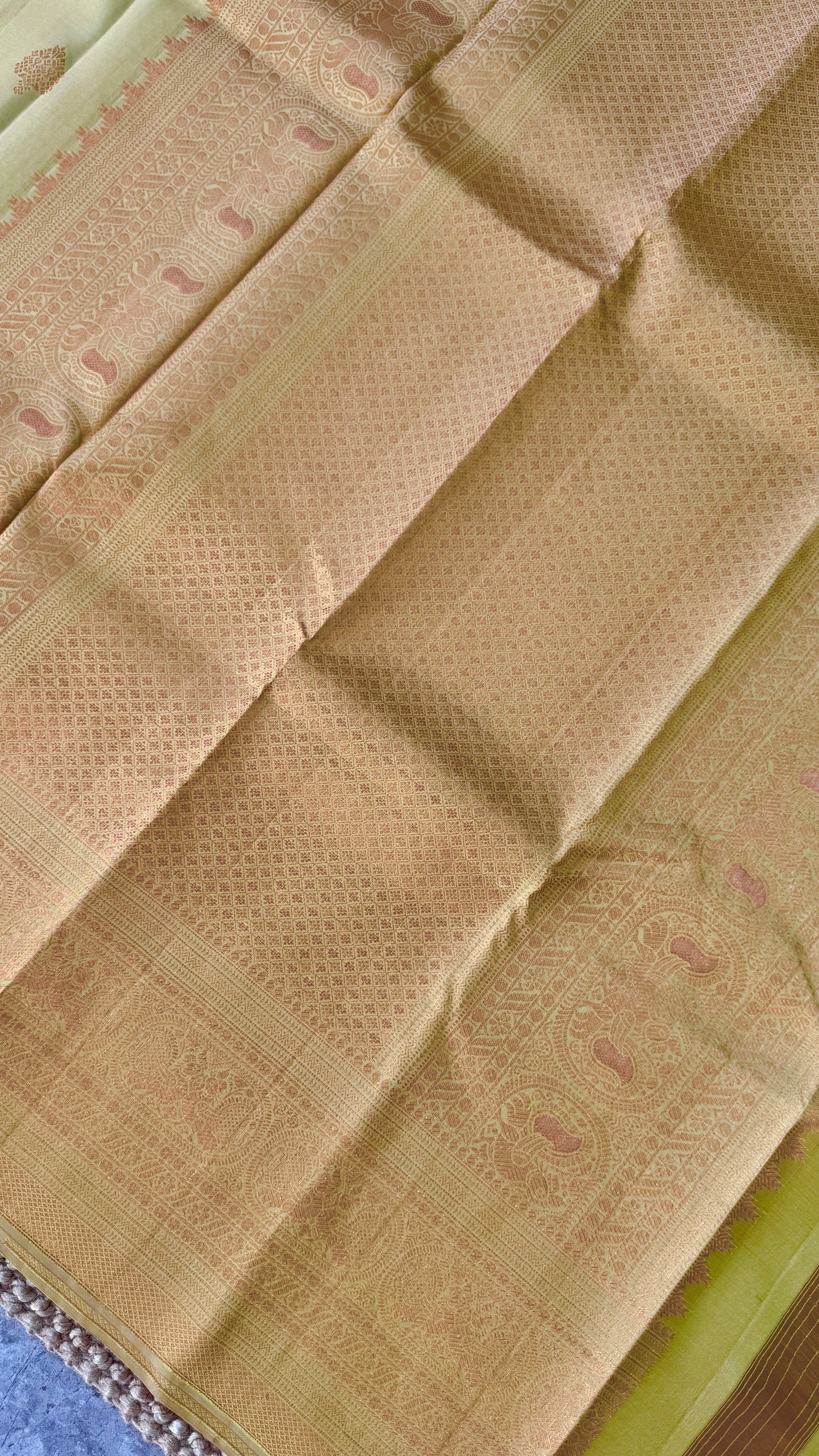 Pure Kanchivaram Silk Saree with Gold Zari Motifs – Champagne Color