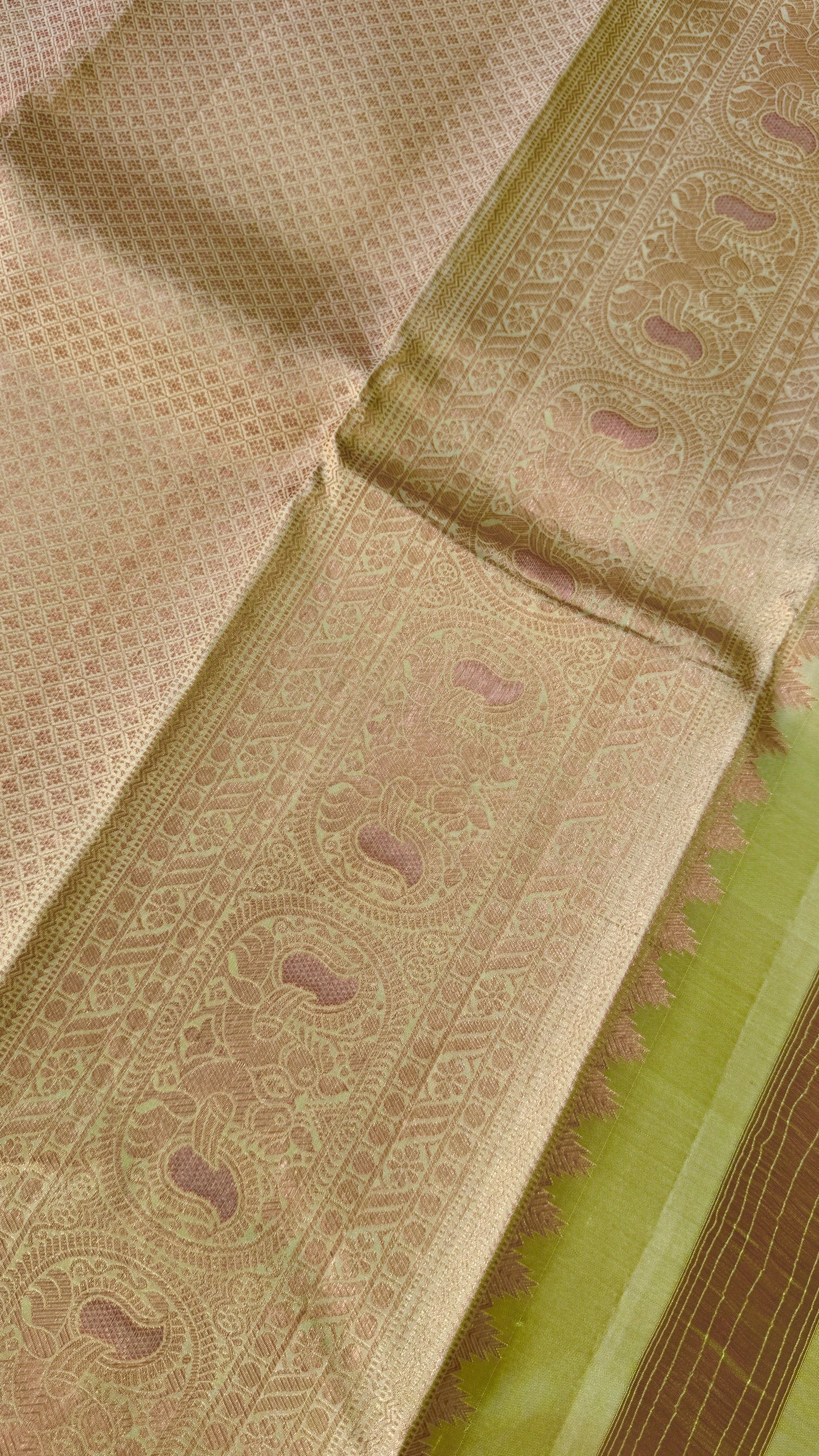 Pure Kanchivaram Silk Saree with Gold Zari Motifs – Champagne Color