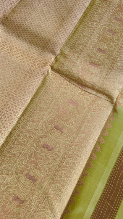 Pure Kanchivaram Silk Saree with Gold Zari Motifs – Champagne Color