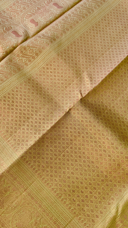 Pure Kanchivaram Silk Saree with Gold Zari Motifs – Champagne Color