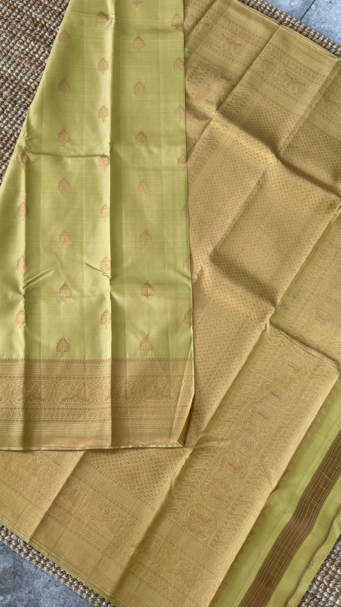 Pure Kanchivaram Silk Saree with Gold Zari Motifs – Champagne Color