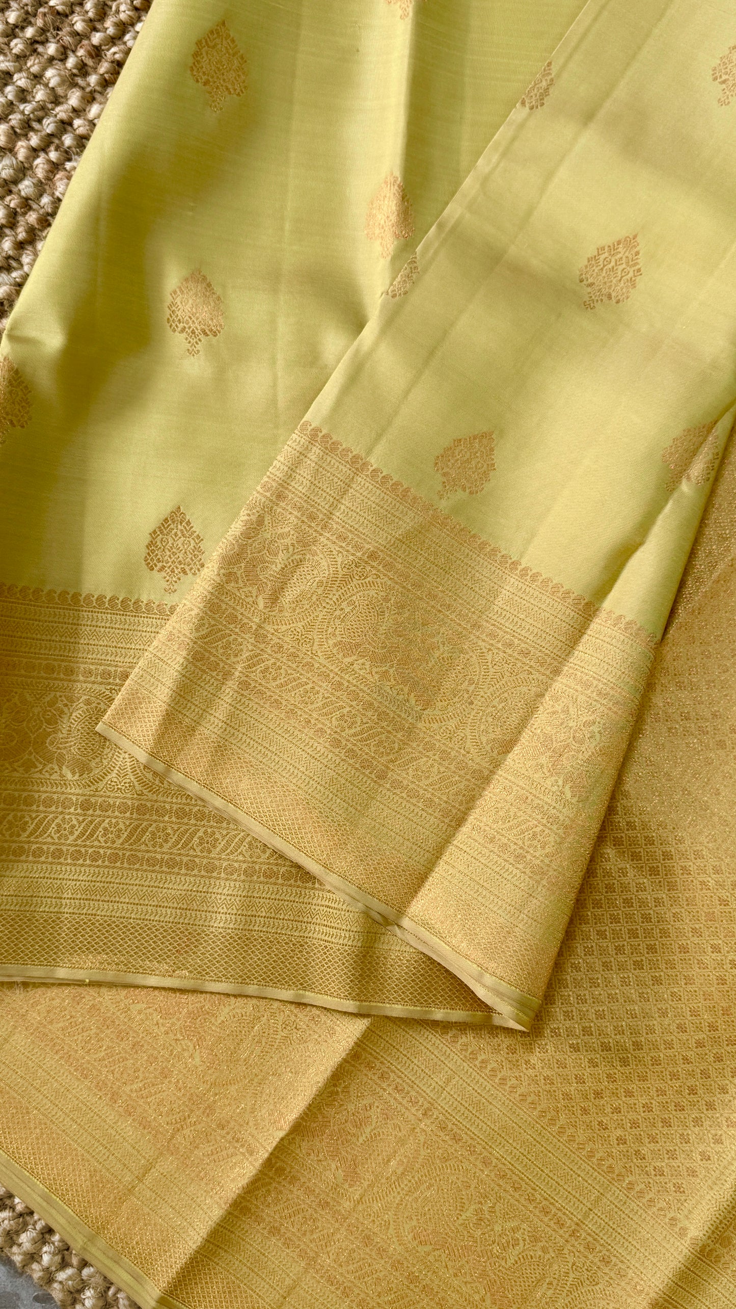 Pure Kanchivaram Silk Saree with Gold Zari Motifs – Champagne Color