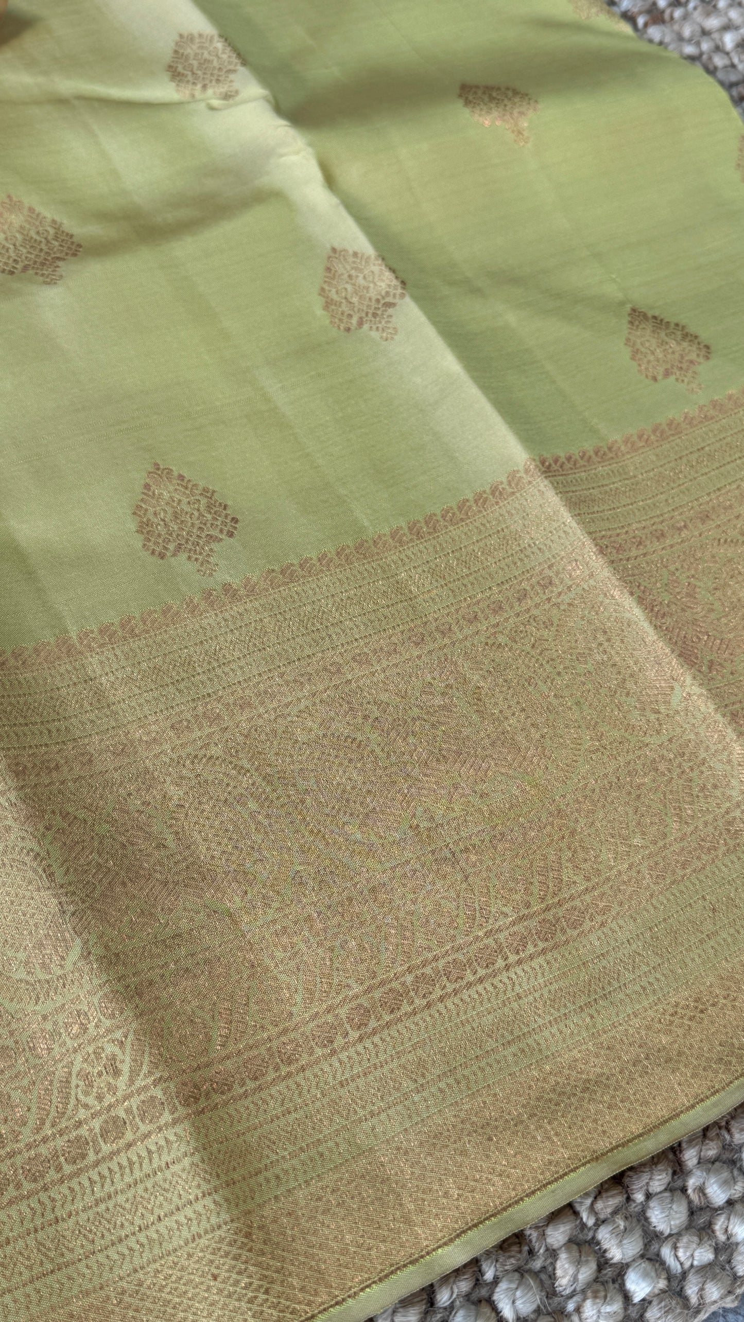 Pure Kanchivaram Silk Saree with Gold Zari Motifs – Champagne Color