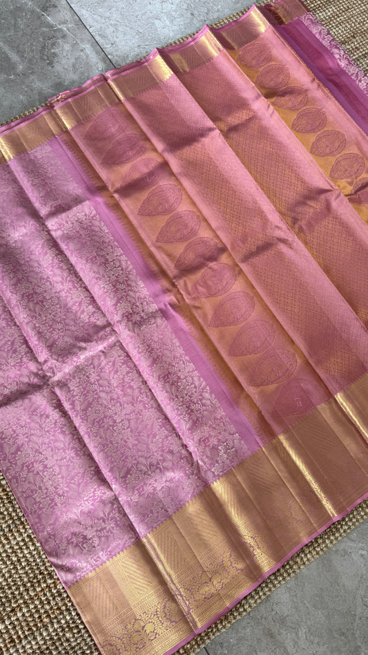 Pure Handloom Kanchivaram Silk Saree – Pink Bridal Saree with Silver Zari Weaving and Gold Border