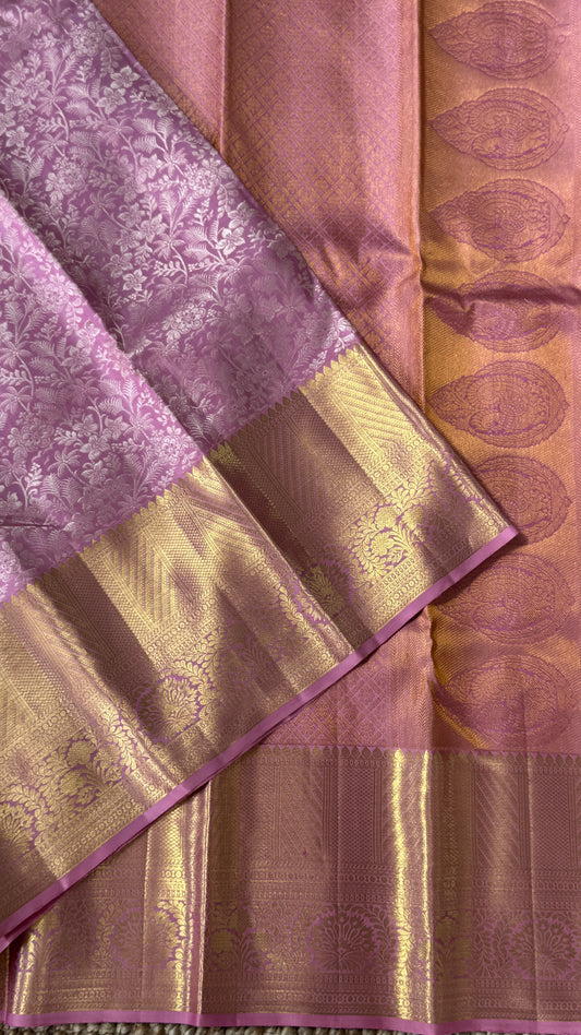 Pure Handloom Kanchivaram Silk Saree – Pink Bridal Saree with Silver Zari Weaving and Gold Border