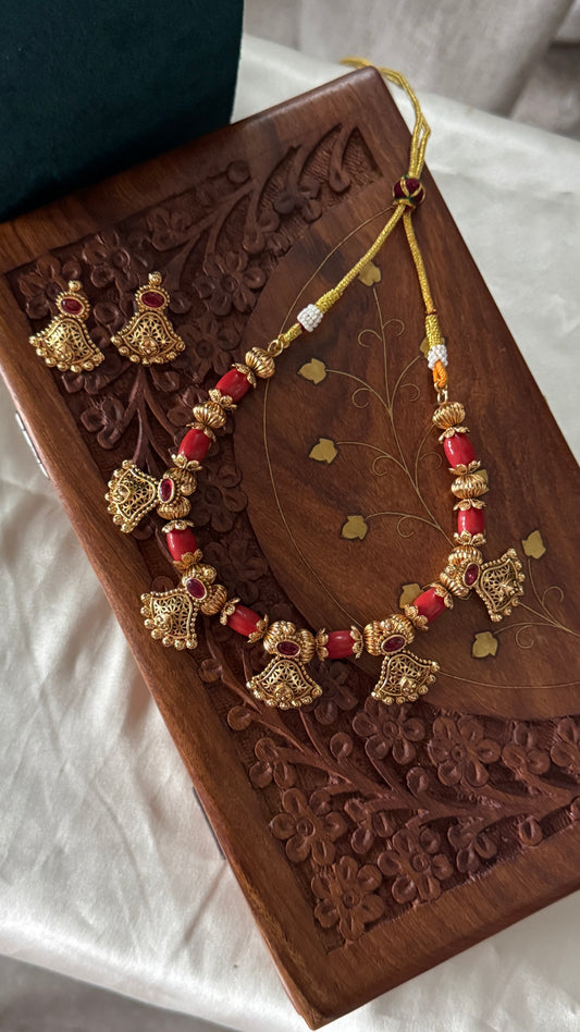 Antique Gold-Plated Temple Necklace Set - Coral Beads