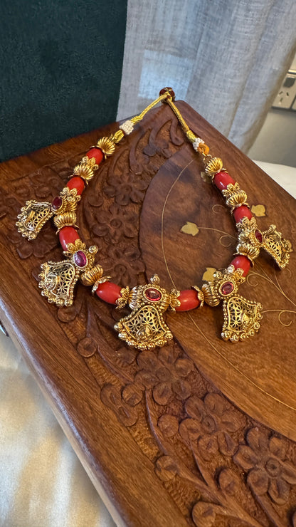 Antique Gold-Plated Temple Necklace Set - Coral Beads