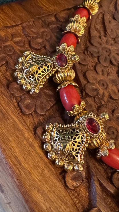 Antique Gold-Plated Temple Necklace Set - Coral Beads