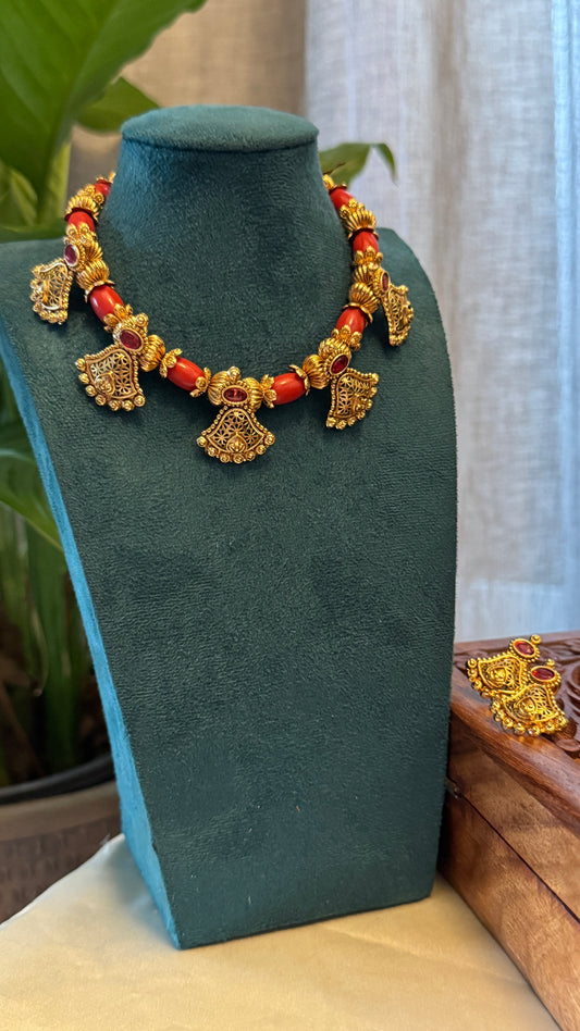 Antique Gold-Plated Temple Necklace Set - Coral Beads