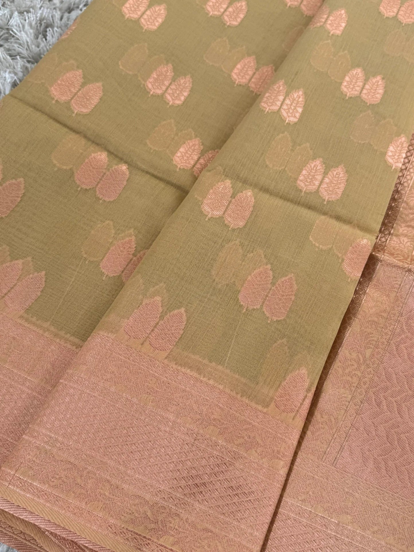 Cotton Silk Saree – Sage green with Rose gold Zari