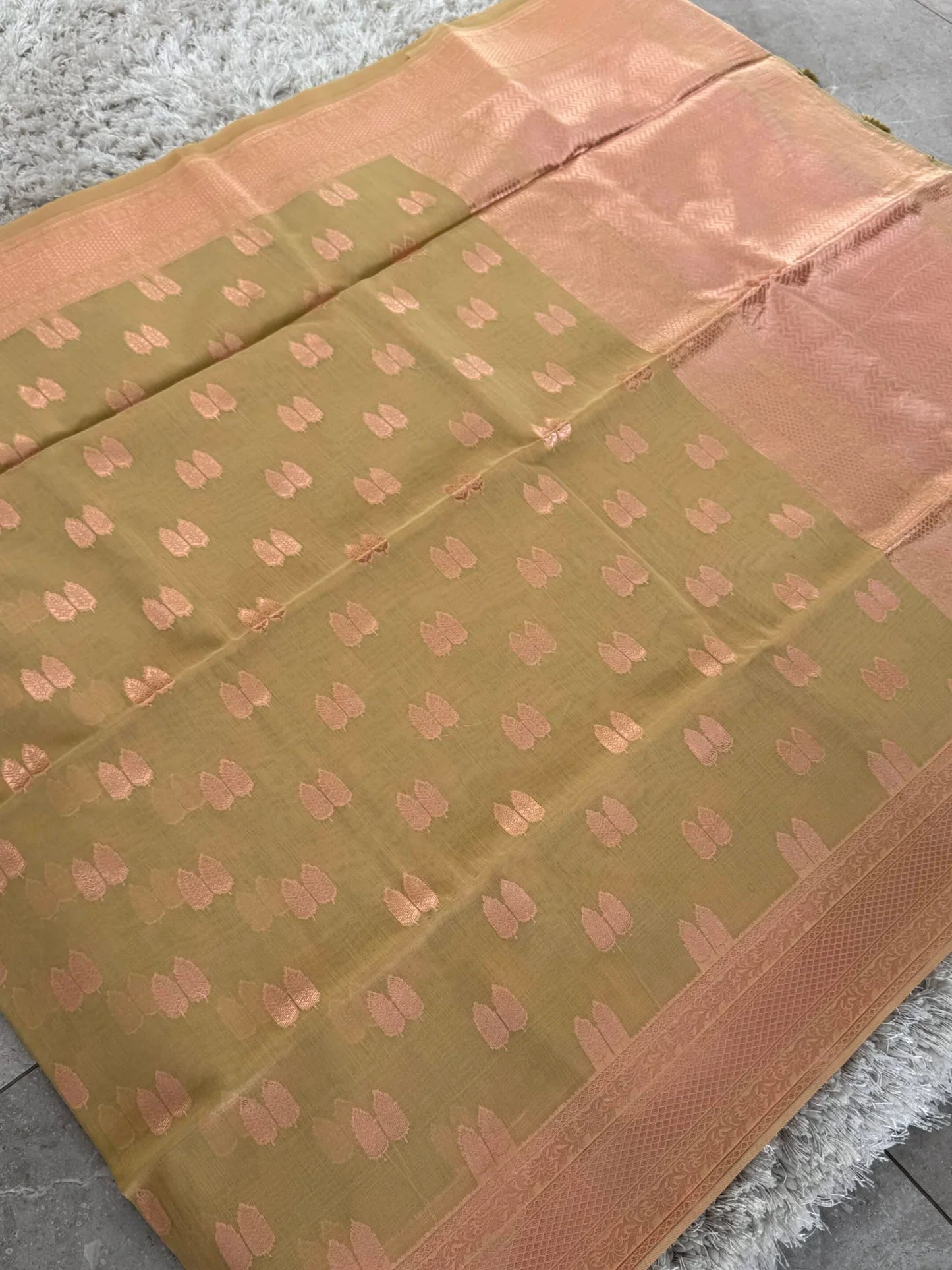 Cotton Silk Saree – Sage green with Rose gold Zari