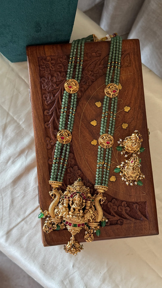Green Multi-Layered Beaded Lakshmi Haaram Set with Jhumka