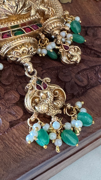 Green Multi-Layered Beaded Lakshmi Haaram Set with Jhumka