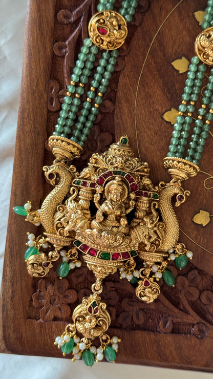 Green Multi-Layered Beaded Lakshmi Haaram Set with Jhumka