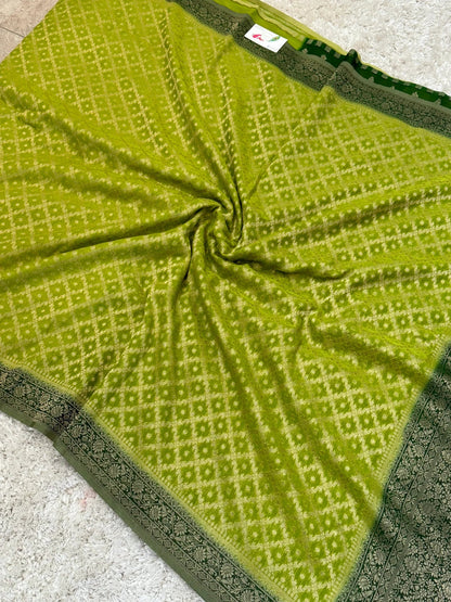 Pure Georgette Silk Banarasi Saree – Mehendi Green
