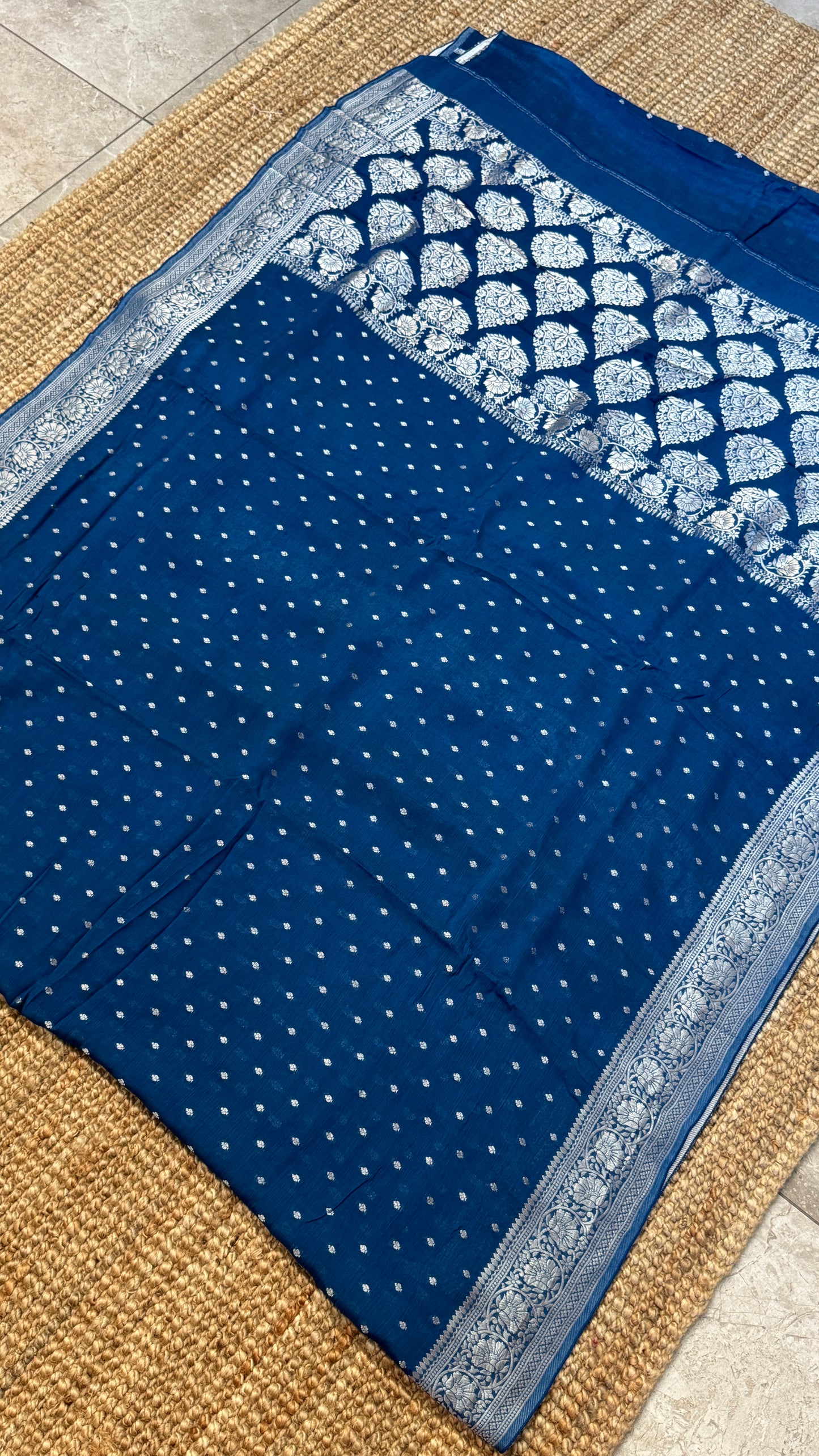 Pure Chinnon Crepe Banarasi Silk Saree – Peacock Blue