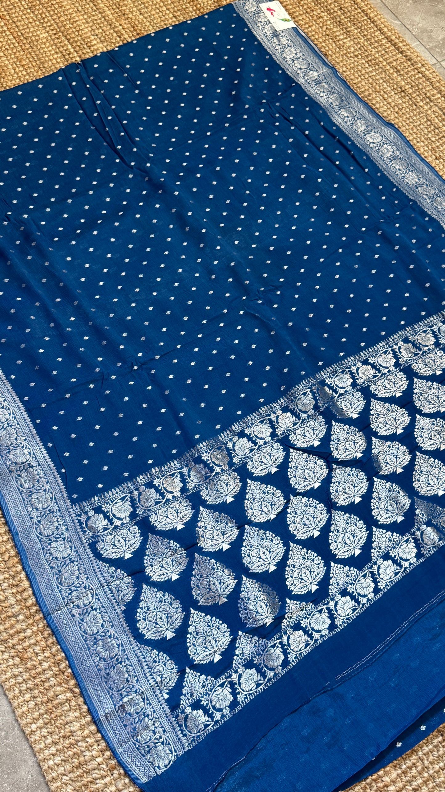 Pure Chinnon Crepe Banarasi Silk Saree – Peacock Blue