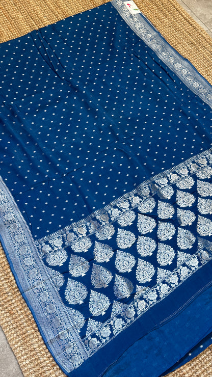 Pure Chinnon Crepe Banarasi Silk Saree – Peacock Blue