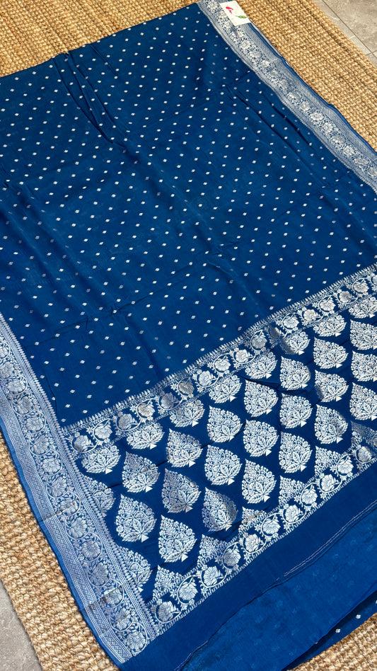 Pure Chinnon Crepe Banarasi Silk Saree – Peacock Blue