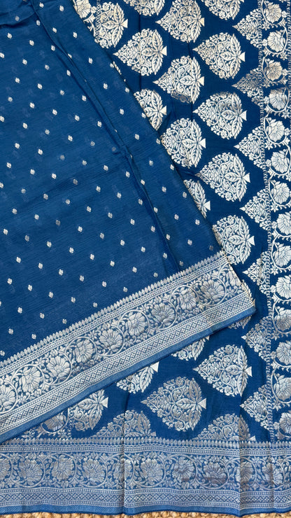 Pure Chinnon Crepe Banarasi Silk Saree – Peacock Blue