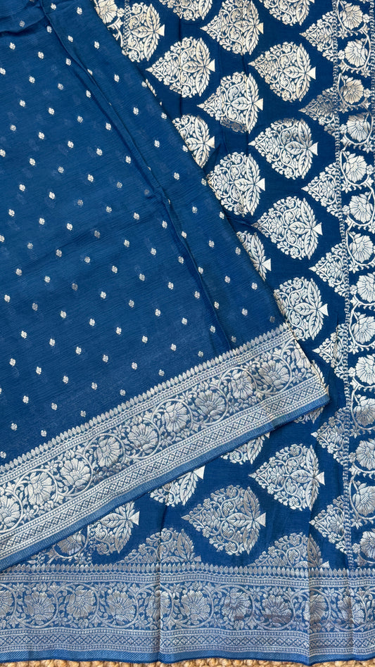 Pure Chinnon Crepe Banarasi Silk Saree – Peacock Blue