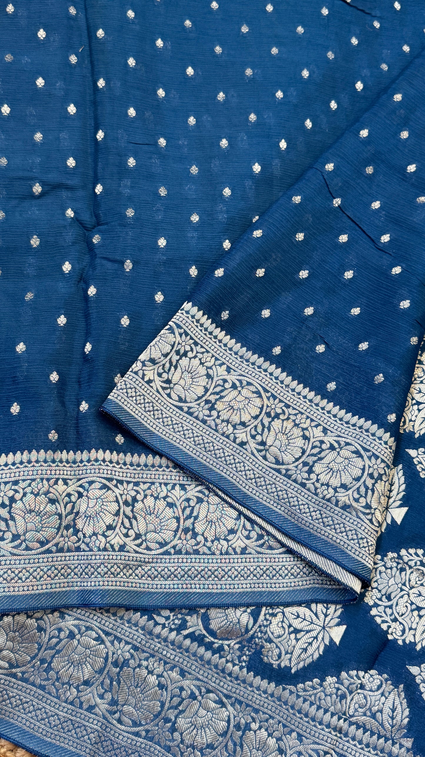 Pure Chinnon Crepe Banarasi Silk Saree – Peacock Blue